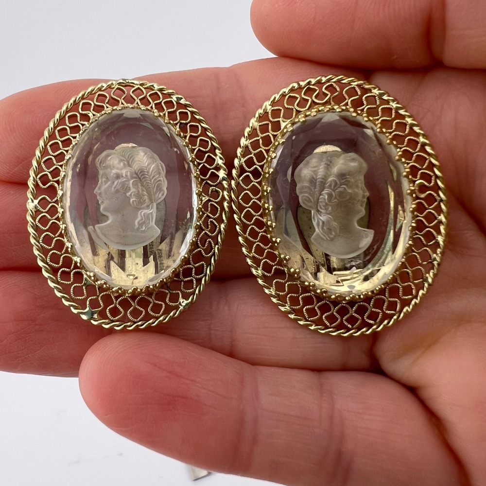 Whiting & Davis Clear Cameo Clip On Earrings Gold Tone Oval Filigree Pair
